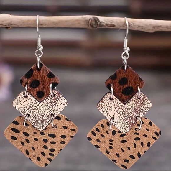 Polka dot layered cow print dangle earrings, Boho earrings, gold/black, leopard - Picture 2 of 5